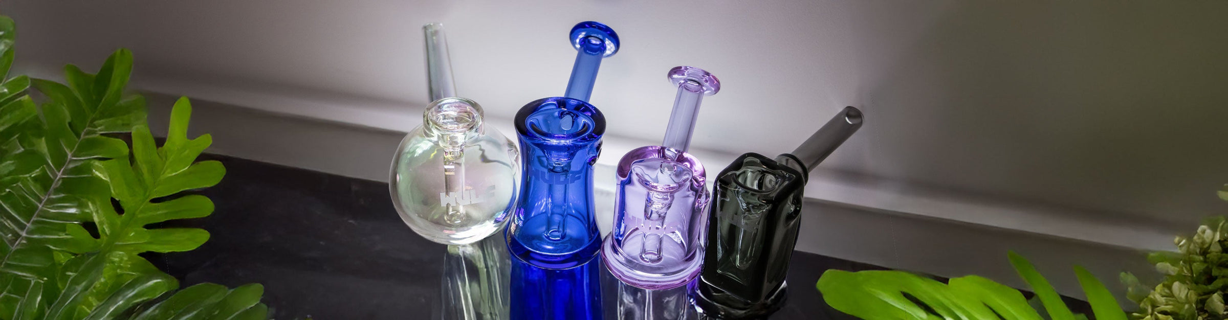 Wulf Glass Bubblers sitting on black marble table with green plants 