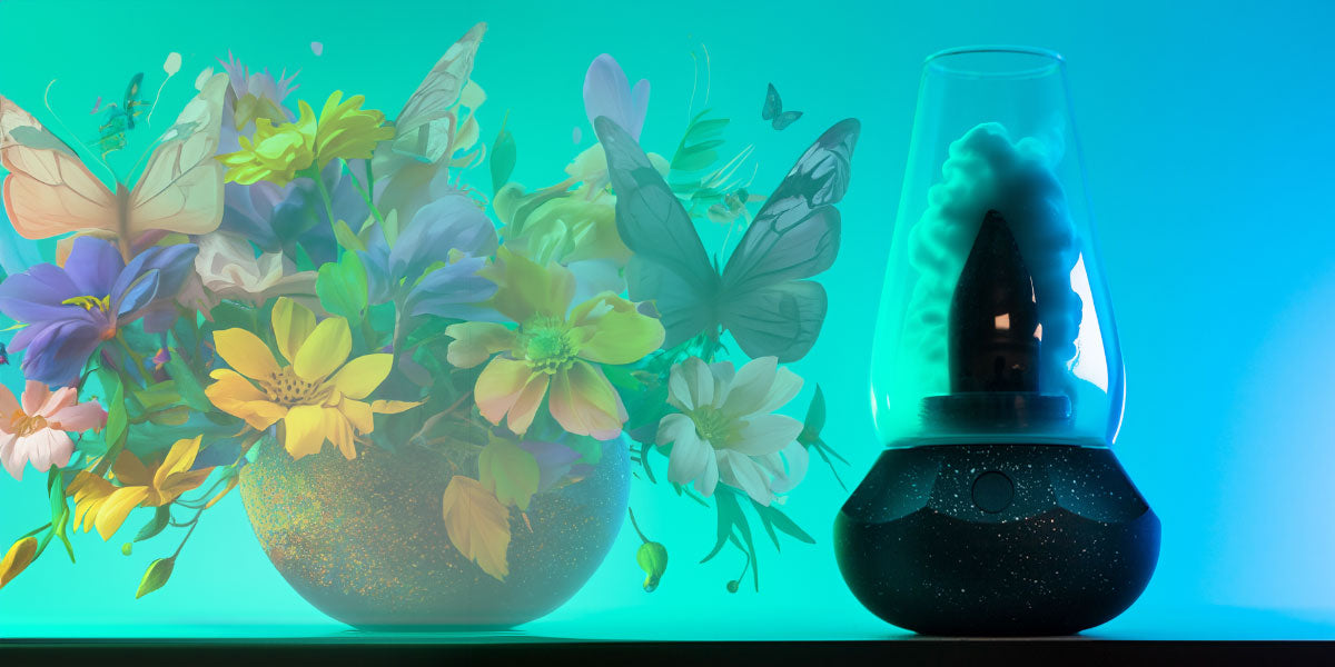 Wulf Fang standing on black surface next to spring vase with flowers and butterflies