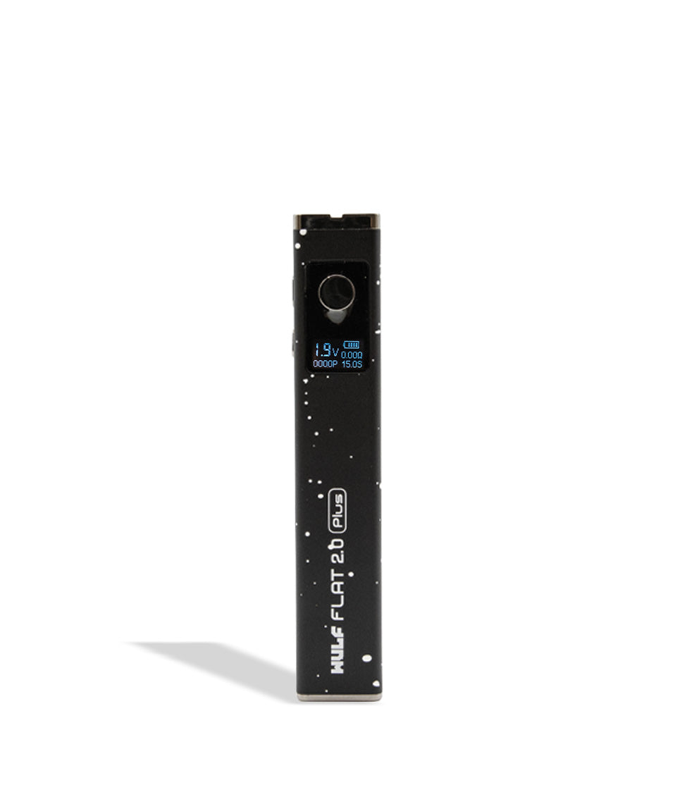 WULF Flat Plus 2.0 510 thread battery in black with white spatter, upright with the display lit