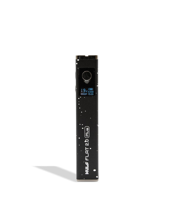 WULF Flat Plus 2.0 510 thread battery in black with white spatter, upright with the display lit