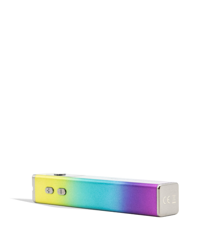 WULF Flat Plus 2.0 510 thread battery in rainbow finish, lying on its side showing the buttons