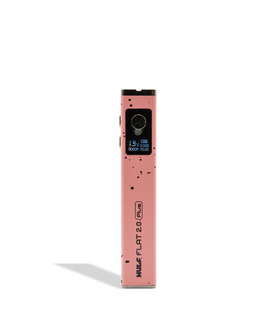 WULF Flat Plus 2.0 510 thread battery in pink with black spatter, upright with the display lit