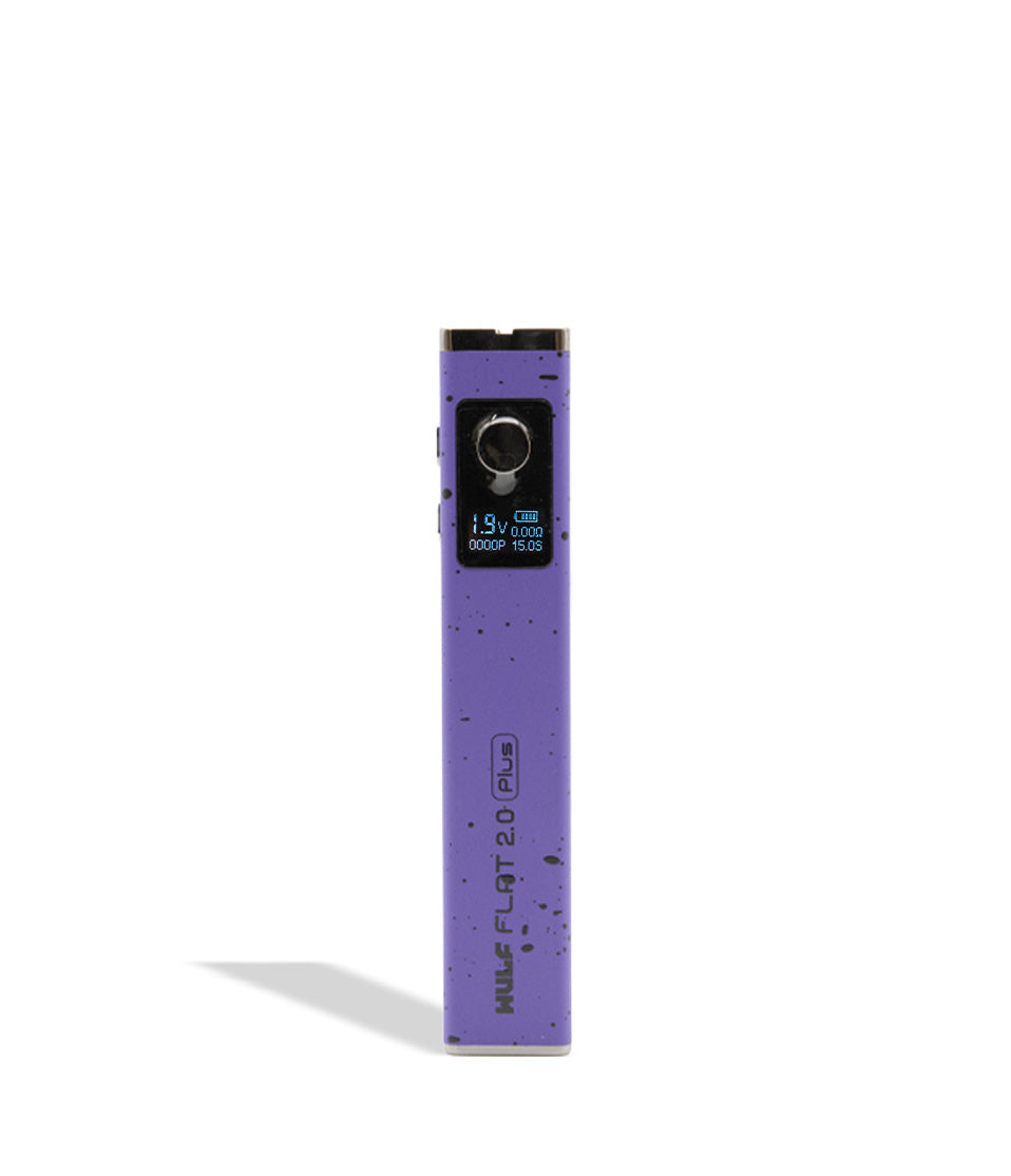WULF Flat Plus 2.0 510 thread battery in purple with black spatter, upright with the display lit