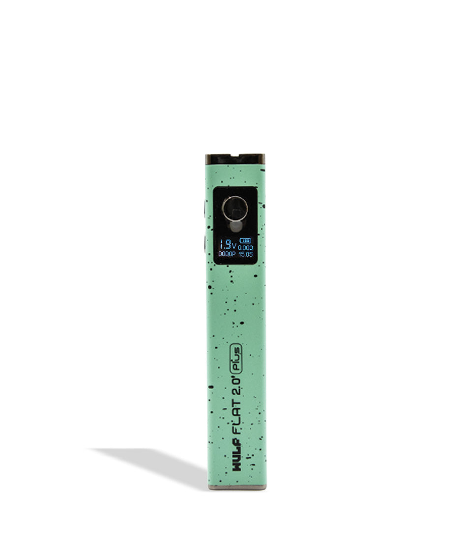 WULF Flat Plus 2.0 510 thread battery in teal with black spatter, upright with the display lit