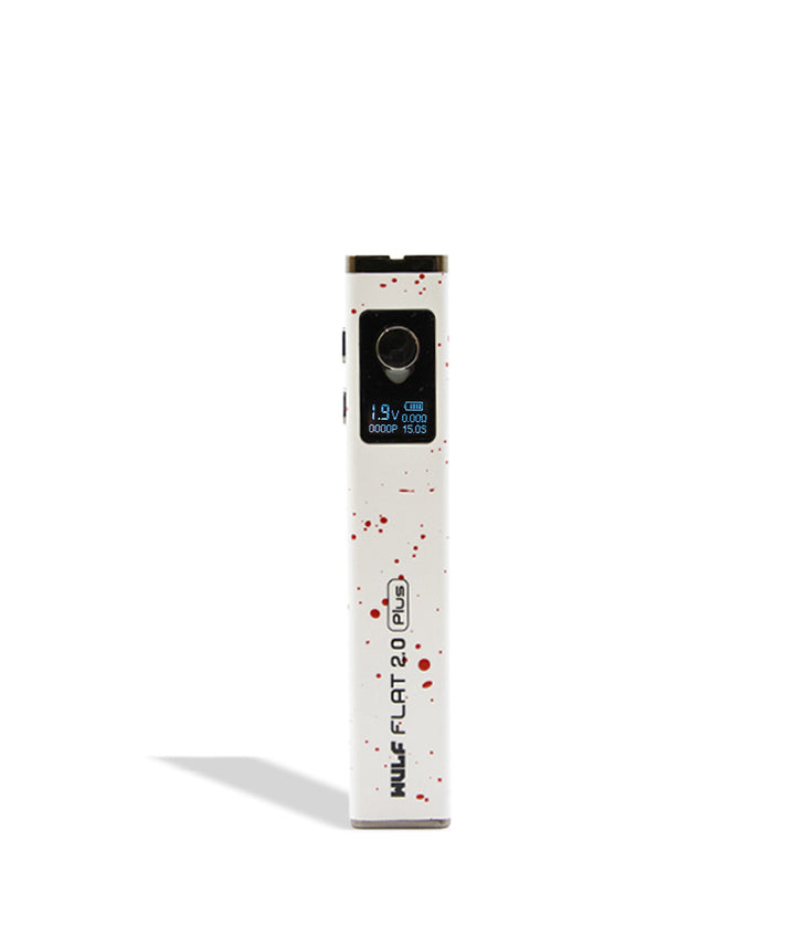 WULF Flat Plus 2.0 510 thread battery in white with red spatter, upright with the display lit