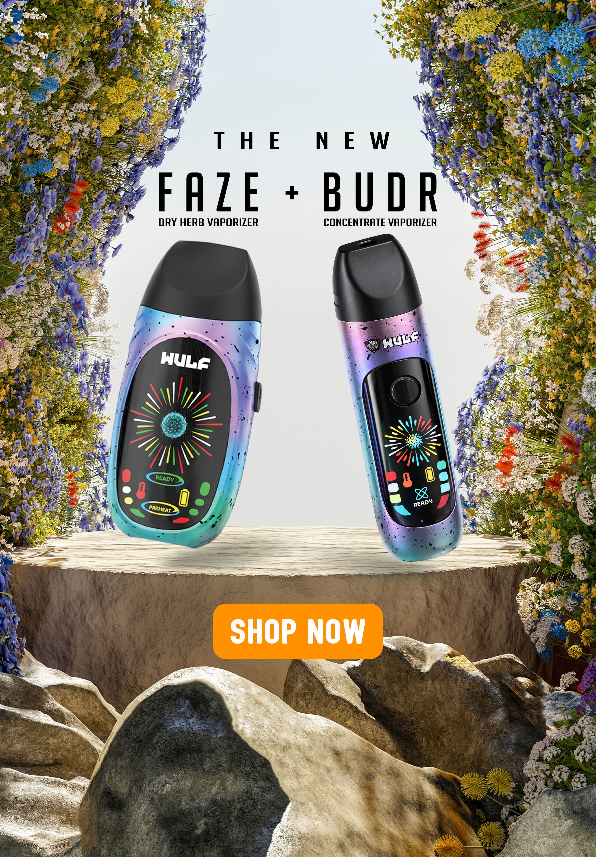 Two vape devices on a wooden surface with flowers in the background and 'Shop Now' button.