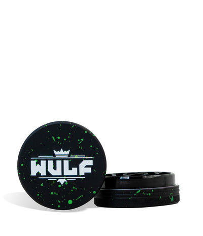 Black and Green Spatter Wulf Mods 2pc 65mm Spatter Grinder on white background