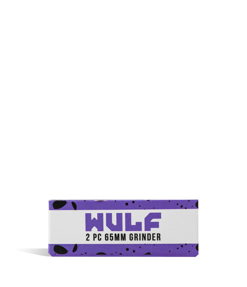 Purple and Black Wulf Mods 2pc 65mm Spatter Grinder box on white background