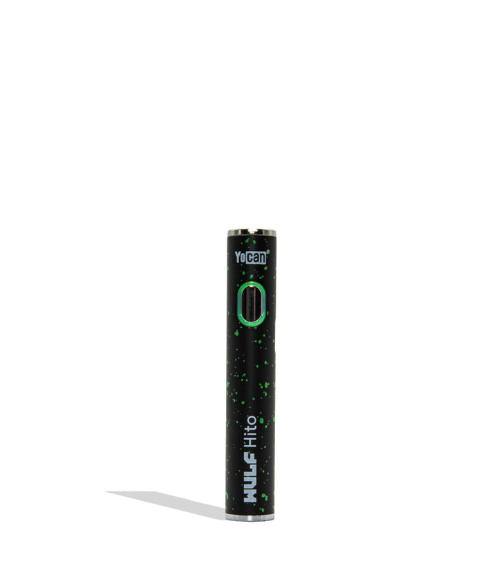 Yocan WULF Mods Hito vape device 510 battery with a glowing green power button, standing upright on a white background with a soft shadow. Black green spatter color.