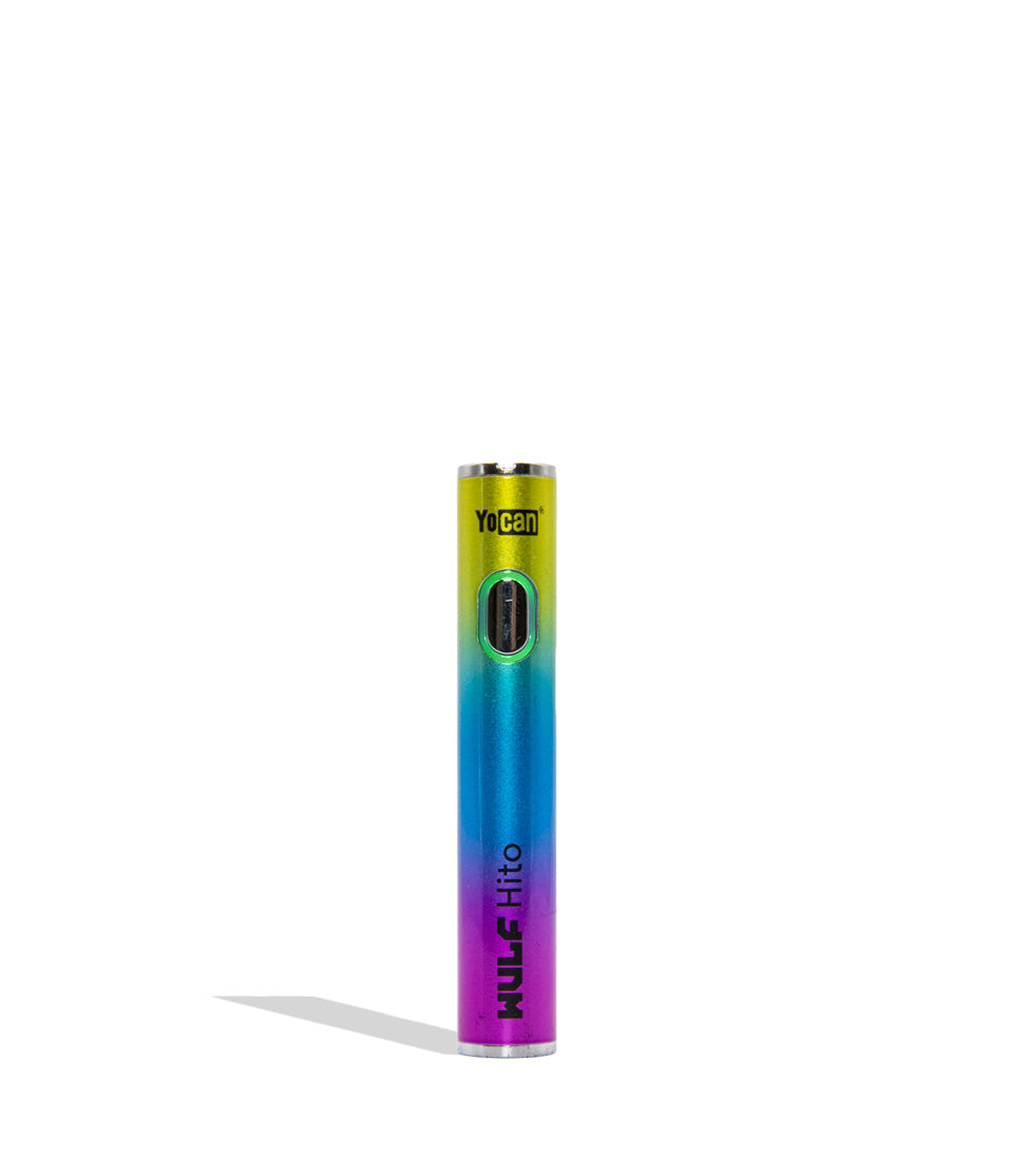Yocan WULF Mods Hito vape device 510 battery with a glowing green power button, standing upright on a white background with a soft shadow. Full color.