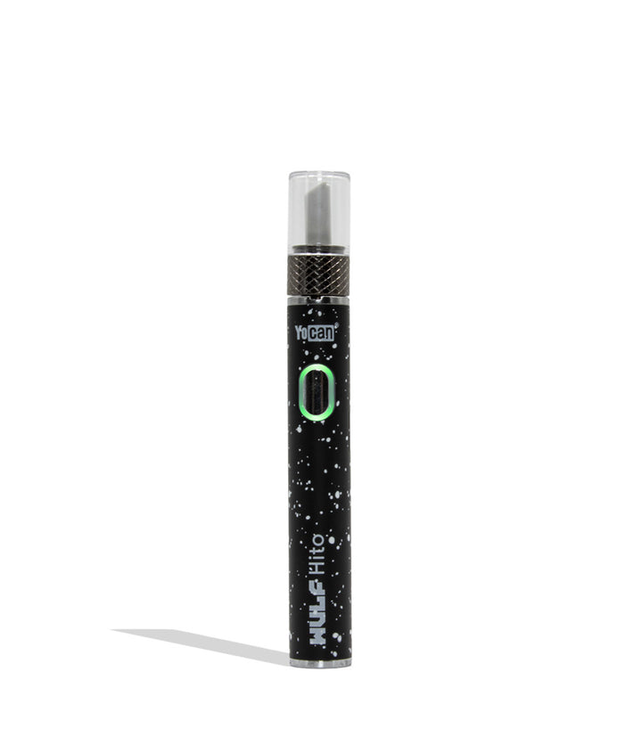 Yocan WULF Mods Hito Knife Kit device 510 battery with a glowing green power button, standing upright on a white background with a soft shadow. black white spatter
