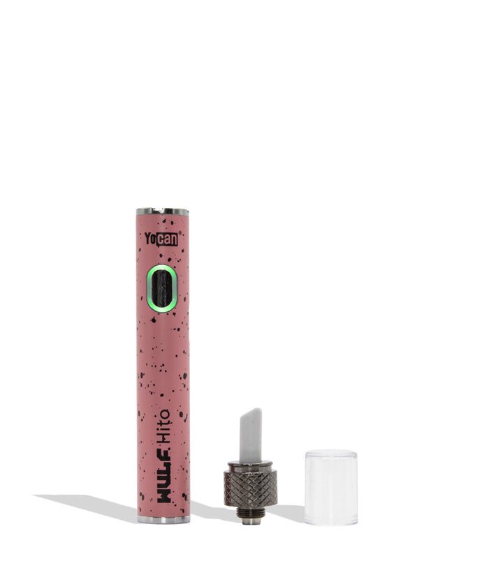 Yocan WULF Mods Hito Knife Kit device 510 battery with a glowing green power button, standing upright on a white background with a soft shadow. pink black spatter disassembled