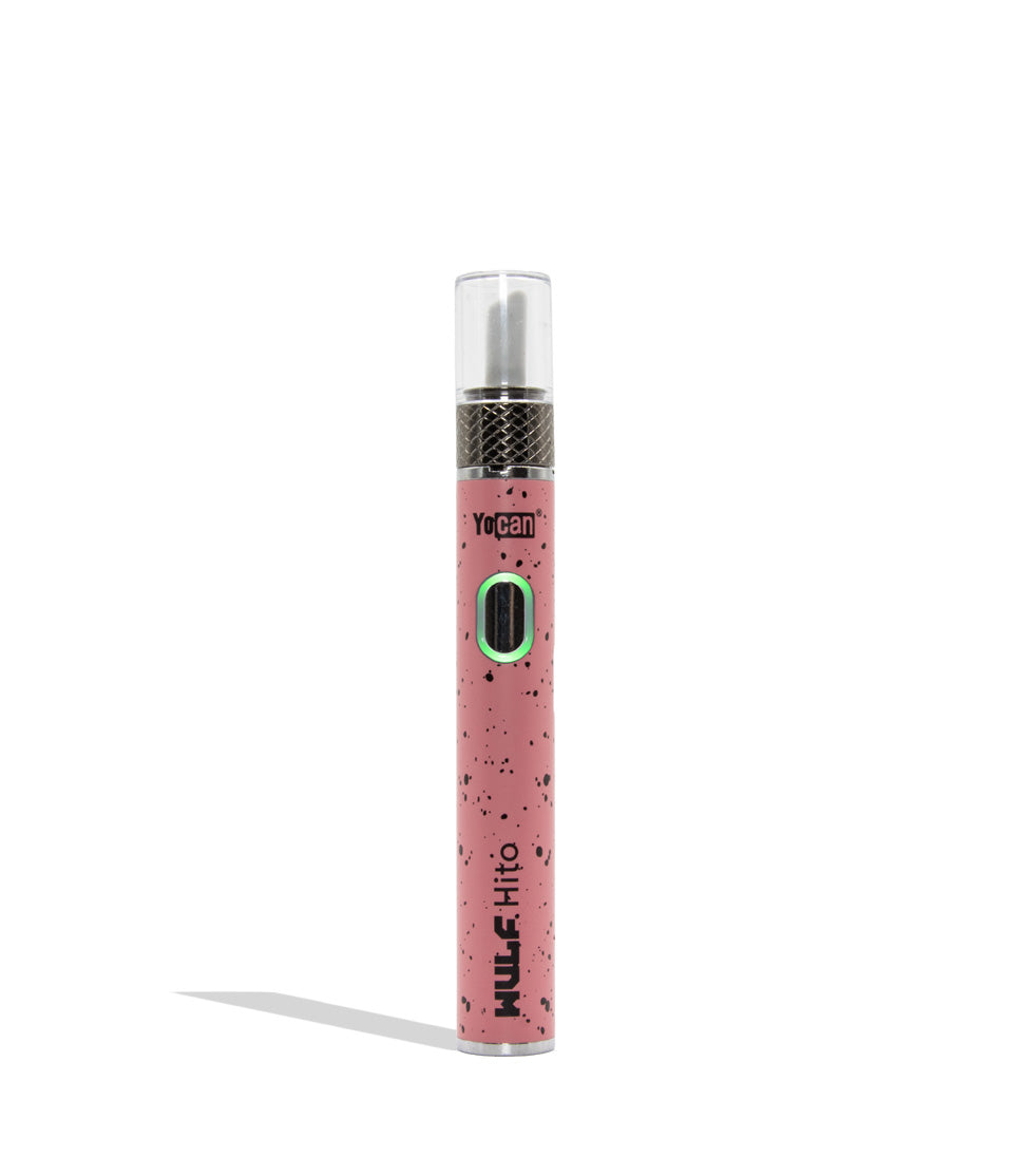 Yocan WULF Mods Hito Knife Kit device 510 battery with a glowing green power button, standing upright on a white background with a soft shadow. pink black spatter