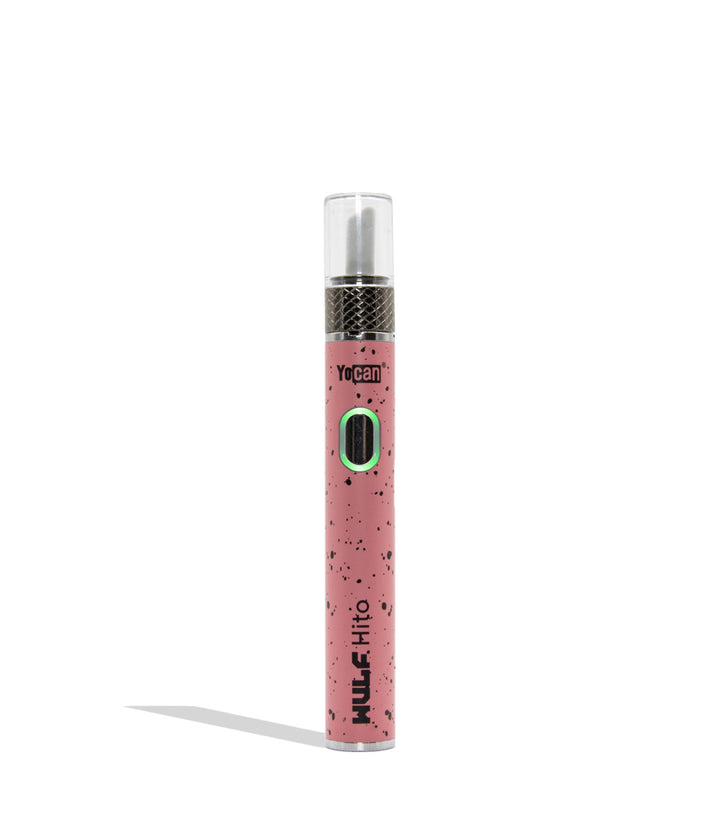 Yocan WULF Mods Hito Knife Kit device 510 battery with a glowing green power button, standing upright on a white background with a soft shadow. pink black spatter