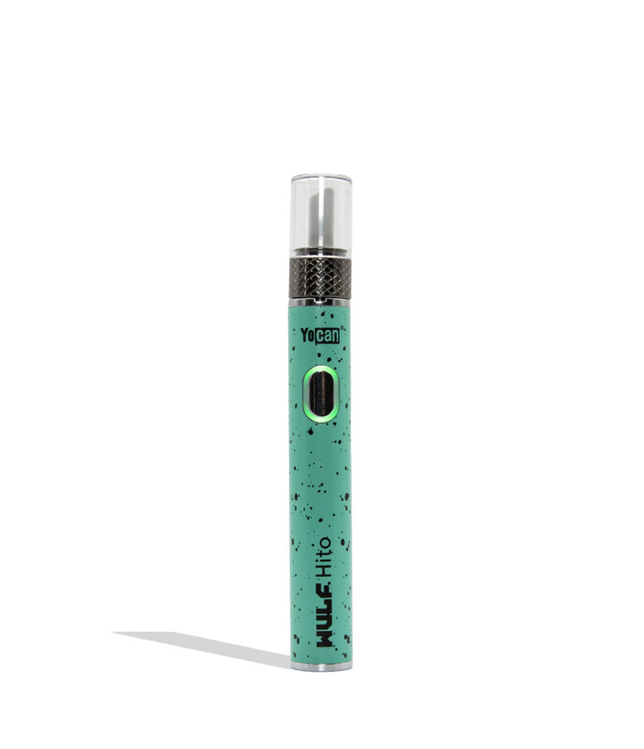 Yocan WULF Mods Hito Knife Kit device 510 battery with a glowing green power button, standing upright on a white background with a soft shadow. Teal black spatter