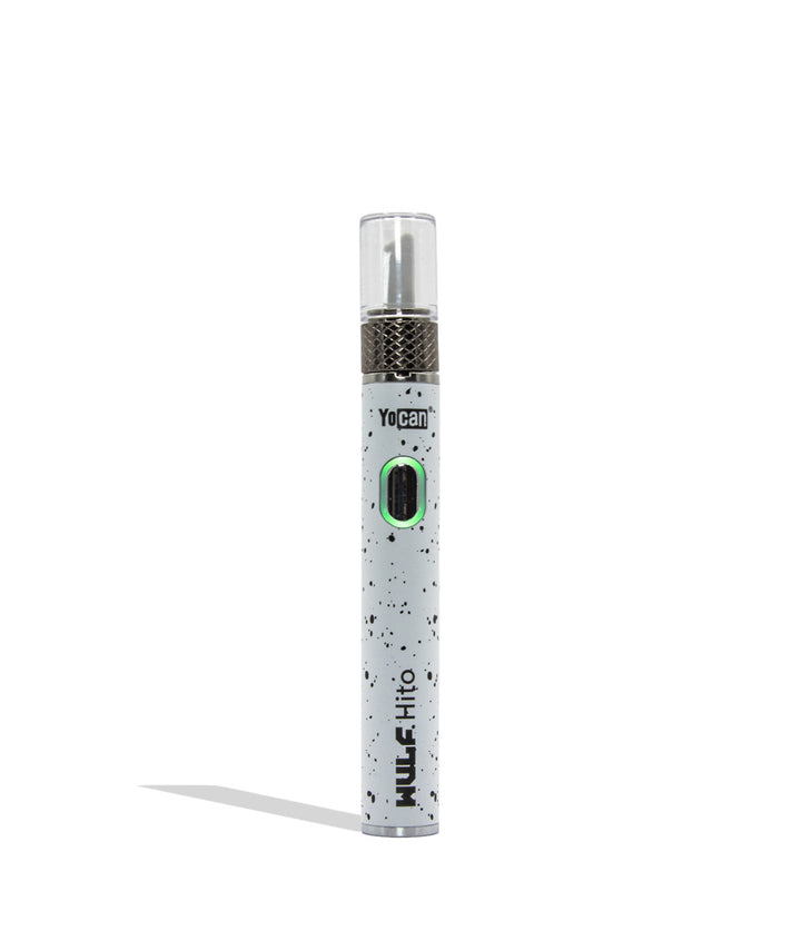 Yocan WULF Mods Hito Knife Kit device 510 battery with a glowing green power button, standing upright on a white background with a soft shadow. WHite black spatter 