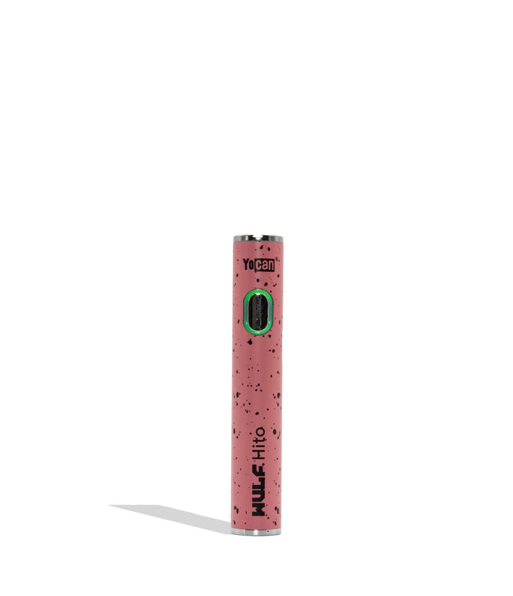 Yocan WULF Mods Hito vape device 510 battery with a glowing green power button, standing upright on a white background with a soft shadow. Pink black spatter color.