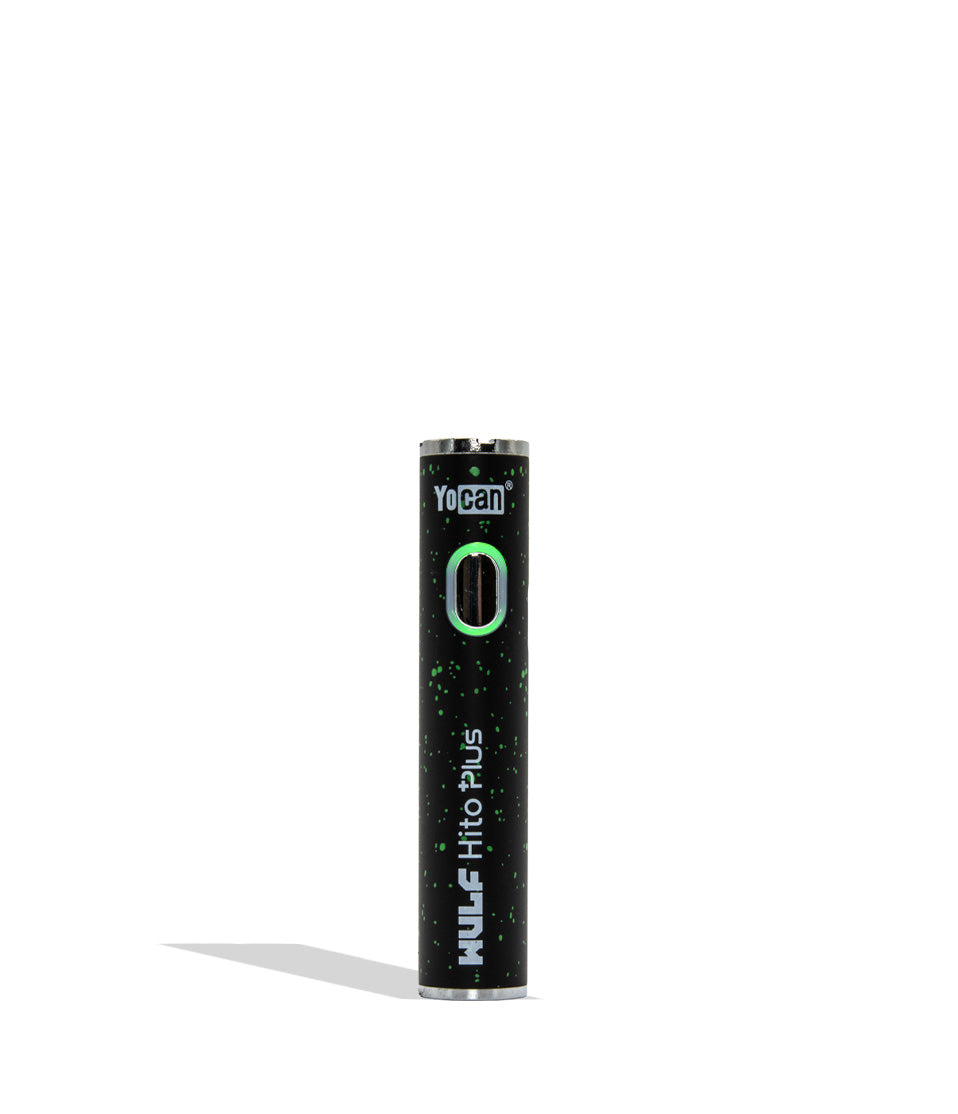 Yocan WULF Mods Hito Plus vape device 510 battery with a glowing green power button, standing upright on a white background with a soft shadow.
