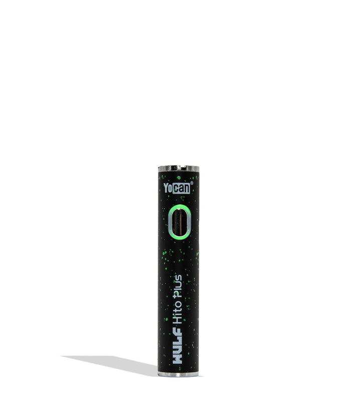 Yocan WULF Mods Hito Plus vape device 510 battery with a glowing green power button, standing upright on a white background with a soft shadow.