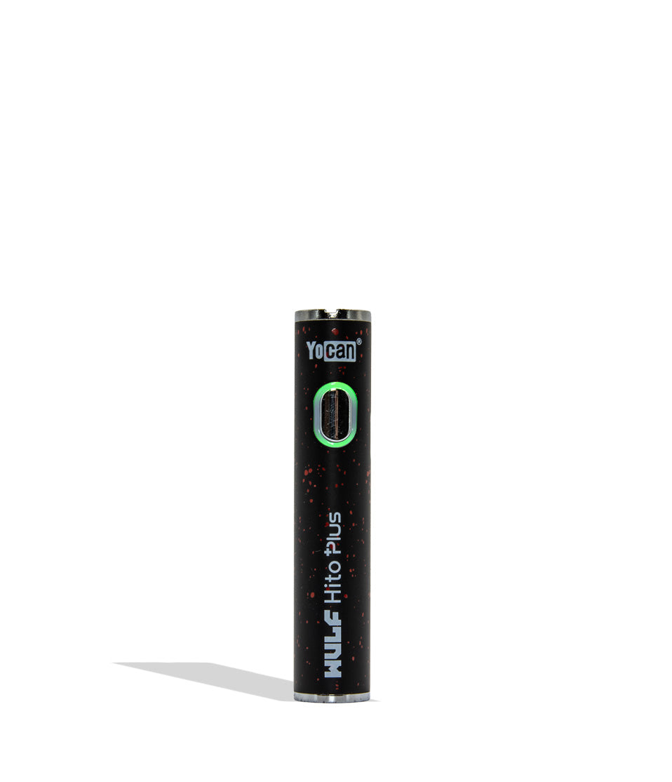 Yocan WULF Mods Hito Plus vape device 510 battery with a glowing green power button, standing upright on a white background with a soft shadow.
