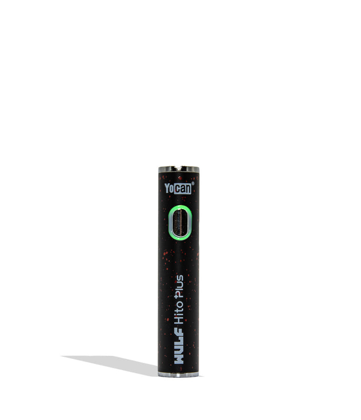 Yocan WULF Mods Hito Plus vape device 510 battery with a glowing green power button, standing upright on a white background with a soft shadow.