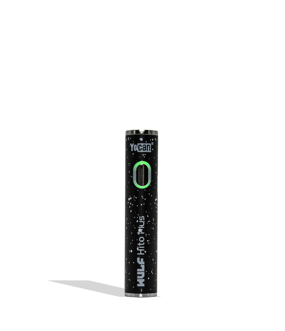 Yocan WULF Mods Hito Plus vape device 510 battery with a glowing green power button, standing upright on a white background with a soft shadow.