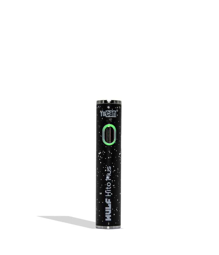 Yocan WULF Mods Hito Plus vape device 510 battery with a glowing green power button, standing upright on a white background with a soft shadow.