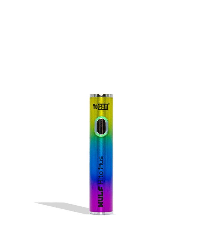 Yocan WULF Mods Hito Plus vape device 510 battery with a glowing green power button, standing upright on a white background with a soft shadow.