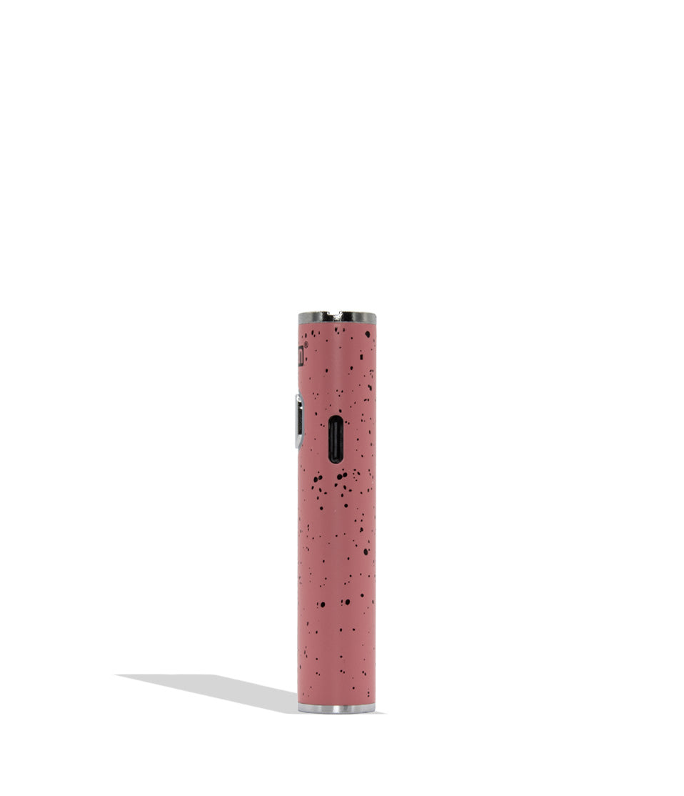 Yocan WULF Mods Hito Plus vape device 510 battery with a glowing green power button, standing upright on a white background with a soft shadow. USB-C View pink black spatter