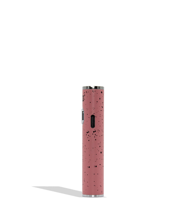 Yocan WULF Mods Hito Plus vape device 510 battery with a glowing green power button, standing upright on a white background with a soft shadow. USB-C View pink black spatter