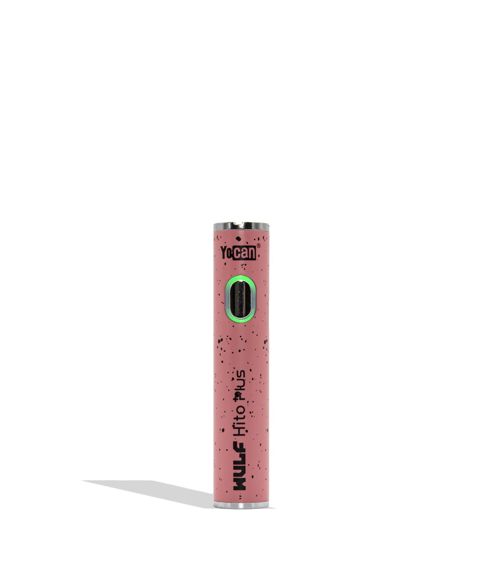 Yocan WULF Mods Hito Plus vape device 510 battery with a glowing green power button, standing upright on a white background with a soft shadow.