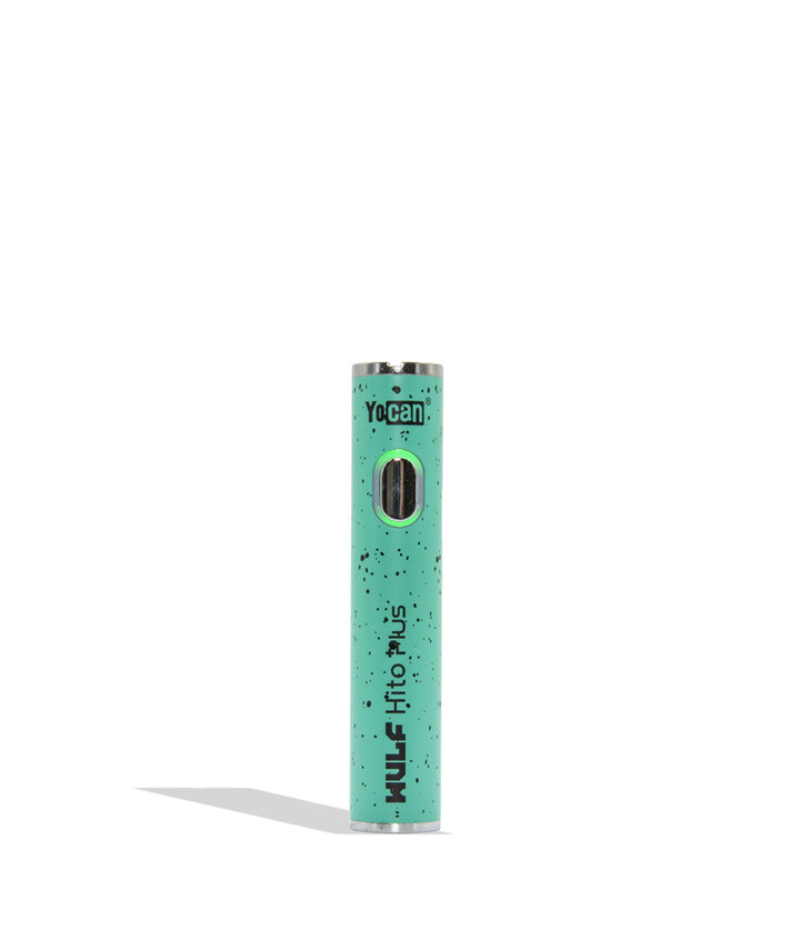 Yocan WULF Mods Hito Plus vape device 510 battery with a glowing green power button, standing upright on a white background with a soft shadow. Teal black spatter