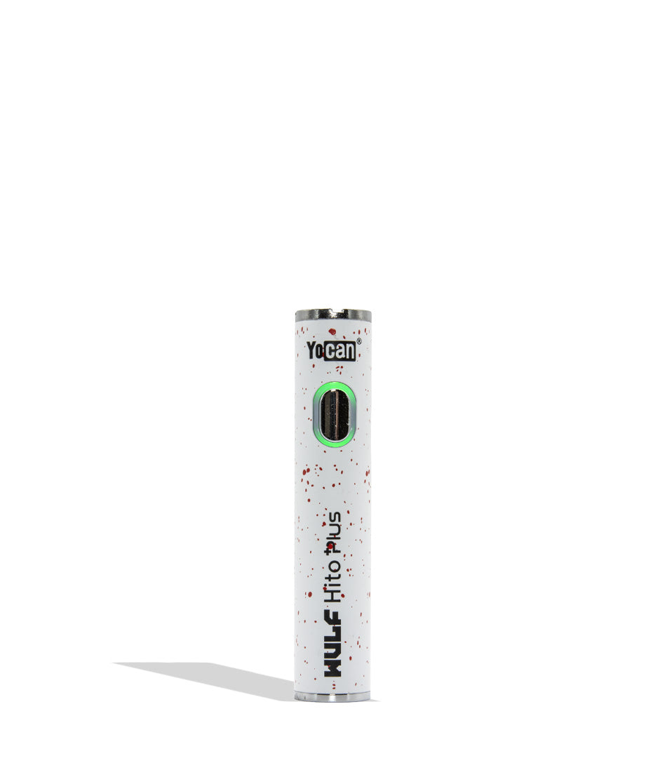 Yocan WULF Mods Hito Plus vape device 510 battery with a glowing green power button, standing upright on a white background with a soft shadow. WHite red spatter