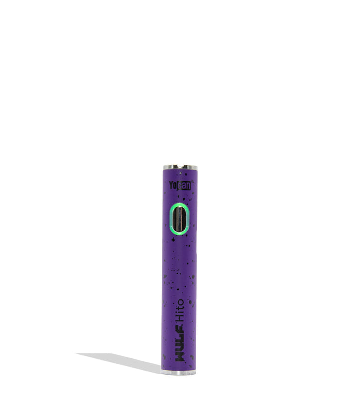 Yocan WULF Mods Hito vape device 510 battery with a glowing green power button, standing upright on a white background with a soft shadow. purple black spatter color.