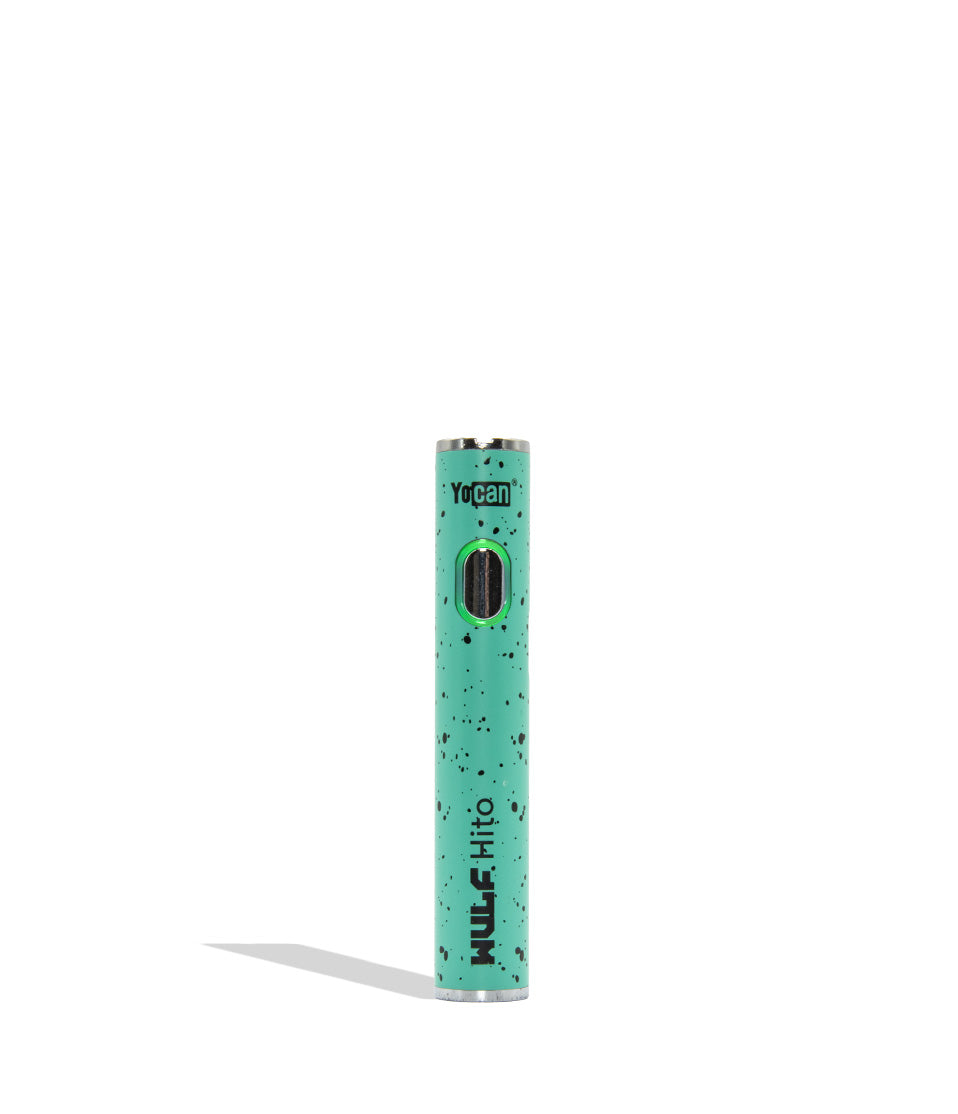 Yocan WULF Mods Hito vape device 510 battery with a glowing green power button, standing upright on a white background with a soft shadow. Teal black spatter color.