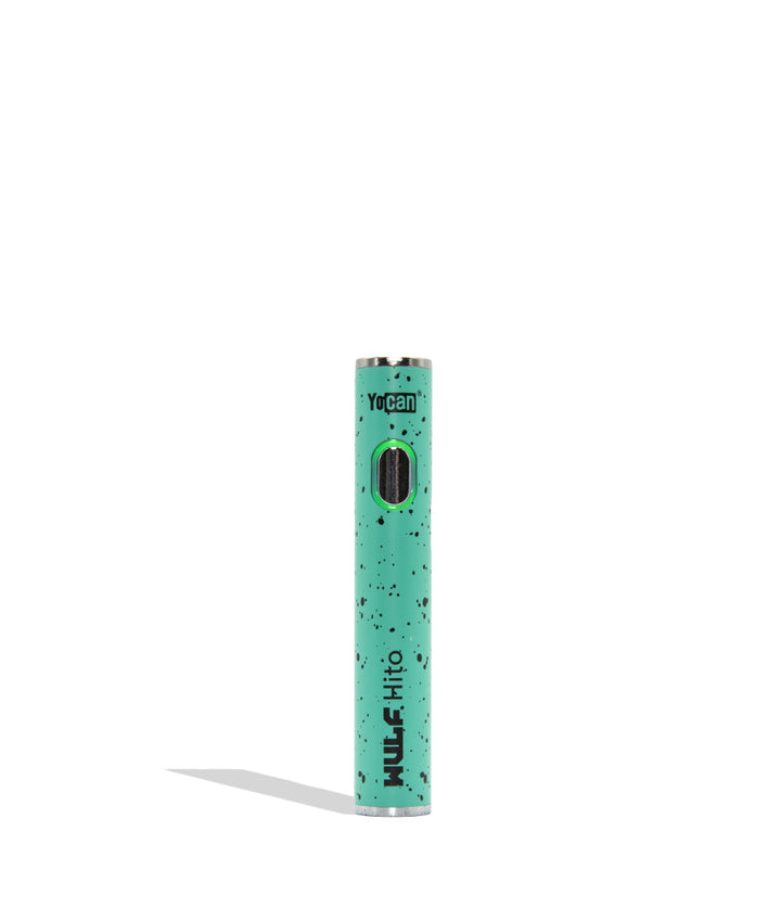 Yocan WULF Mods Hito vape device 510 battery with a glowing green power button, standing upright on a white background with a soft shadow. Teal black spatter color.