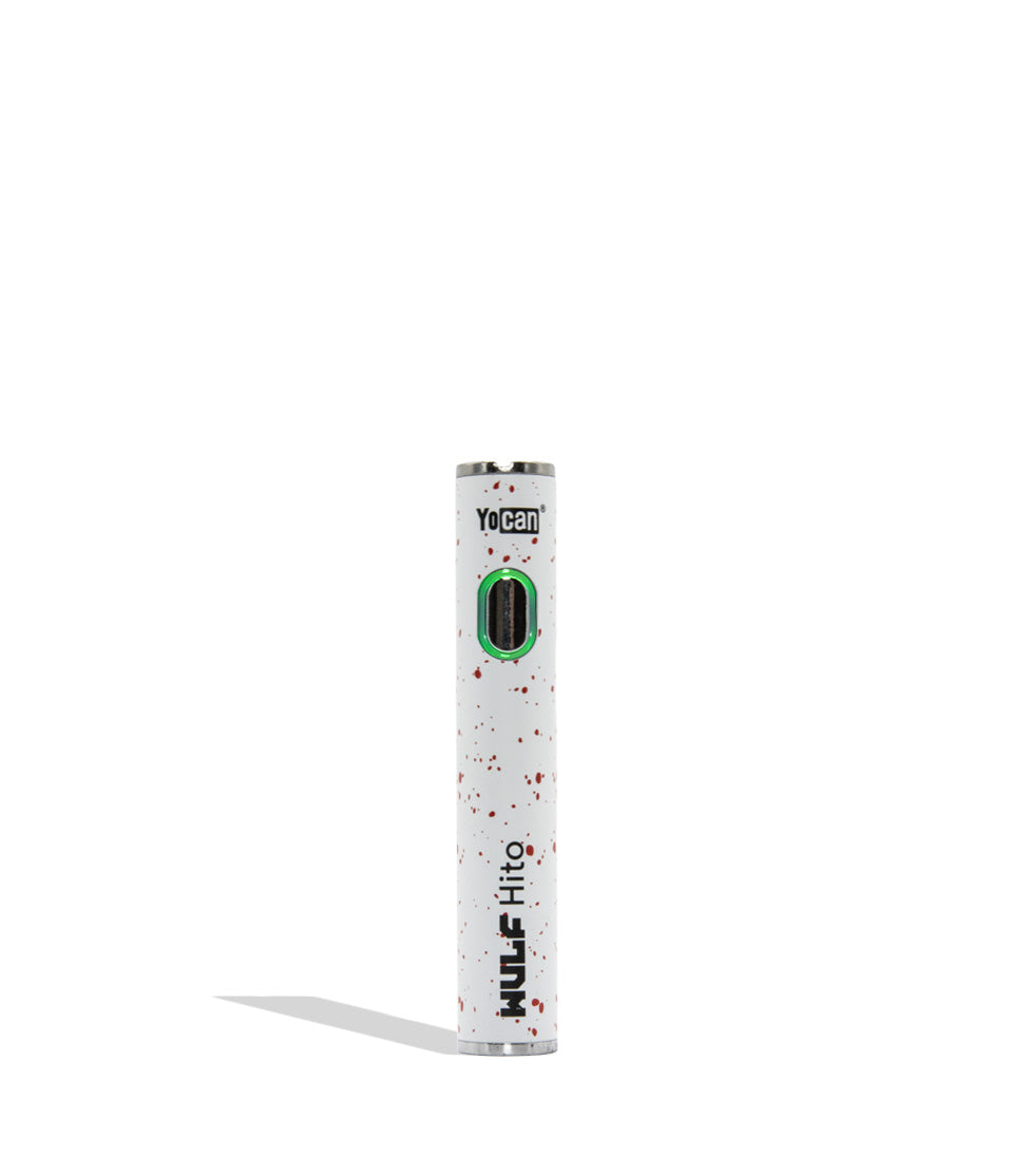 Yocan WULF Mods Hito vape device 510 battery with a glowing green power button, standing upright on a white background with a soft shadow. White red spatter color.