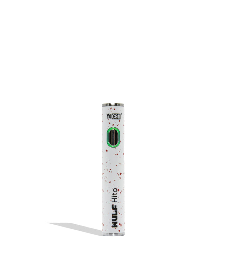 Yocan WULF Mods Hito vape device 510 battery with a glowing green power button, standing upright on a white background with a soft shadow. White red spatter color.