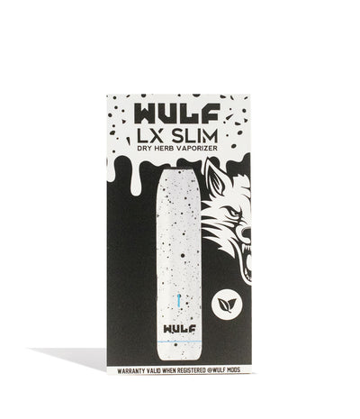 White Black Spatter Wulf Mods LX Slim Portable Dry Herb Vaporizer Packaging on white background