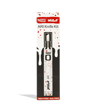 White Red Spatter Wulf Mods ARI Hot Knife Packaging Front View on White Background