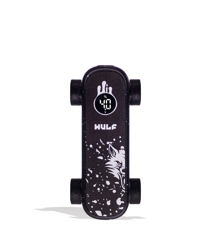 A miniature black skateboard with white graphics, including a wolf head, paint splatters, and the brand name &