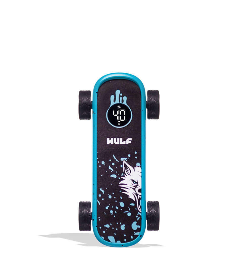 A digital skateboard with a black grip tape deck featuring a white wolf graphic and blue splatters, a bright blue frame, and a digital display showing &