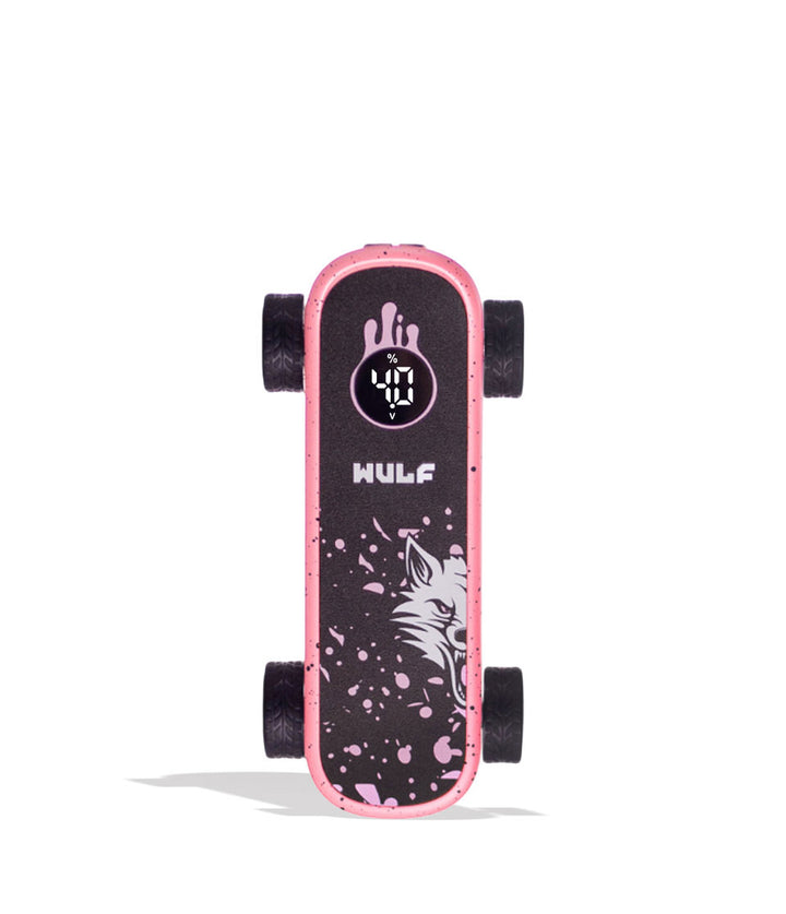 A miniature fingerboard skateboard with a black grip-tape deck, pink edges, a wolf graphic, and a digital clock showing 4:13, set against a plain white background.