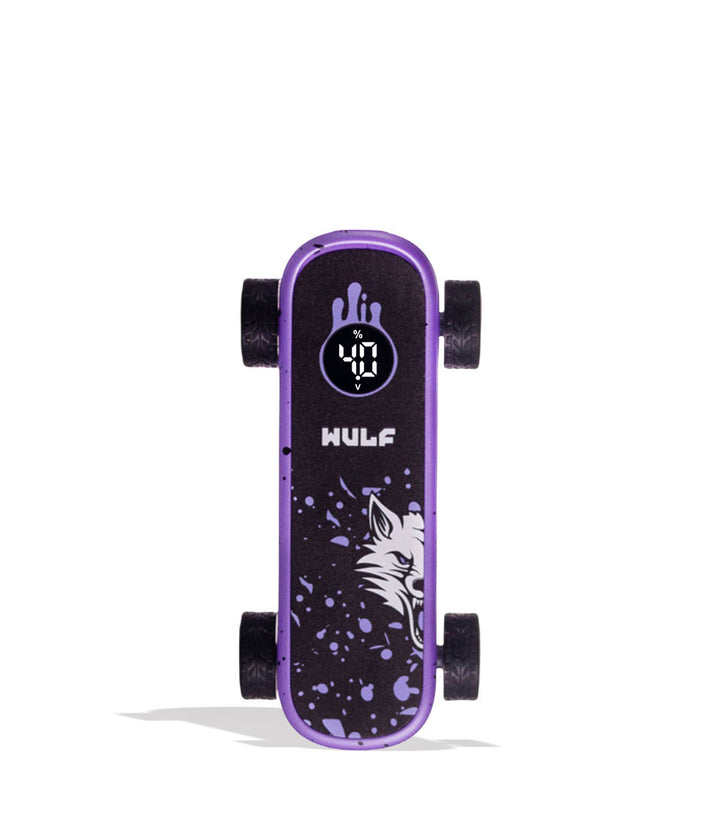 A purple and black WULF electric skateboard with a digital display screen and a wolf graphic on the deck, shown against a plain white background.