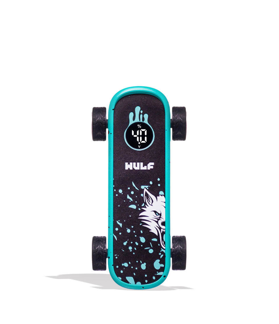 A Wulf brand skateboard with a black deck, turquoise accents, and a graphic of a wolf head, shown on a white background with a soft shadow.