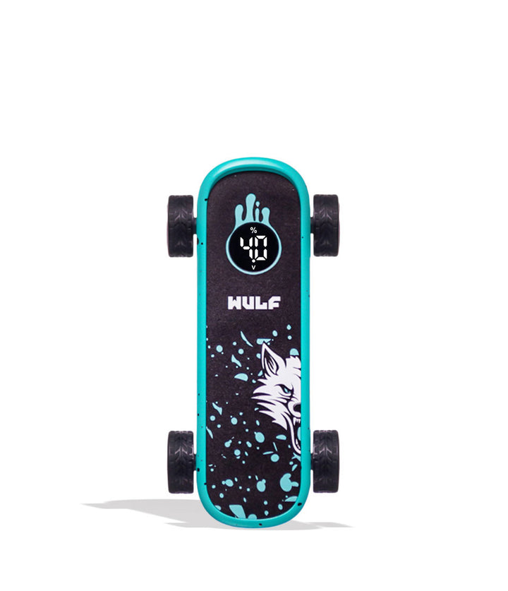 A Wulf brand skateboard with a black deck, turquoise accents, and a graphic of a wolf head, shown on a white background with a soft shadow.