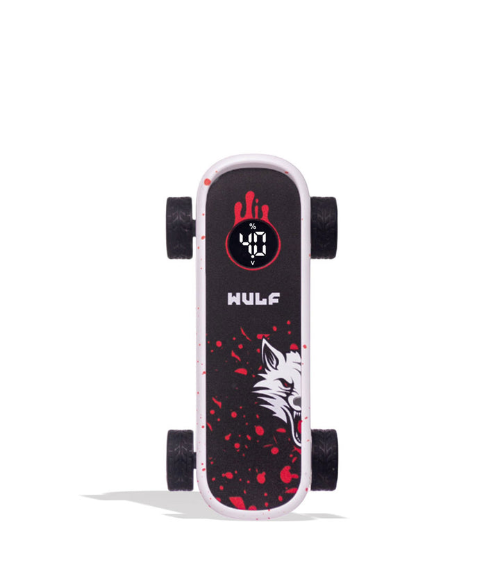 A miniature fingerboard skateboard cartridge vaporizer 510 battery with a black grip tape deck featuring a red wolf graphic, red splatters, a digital display showing &