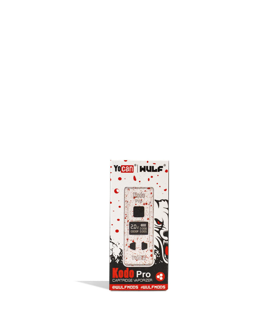 White Red Spatter Wulf Mods KODO Pro Cartridge Vaporizer Packaging Front View on White Background