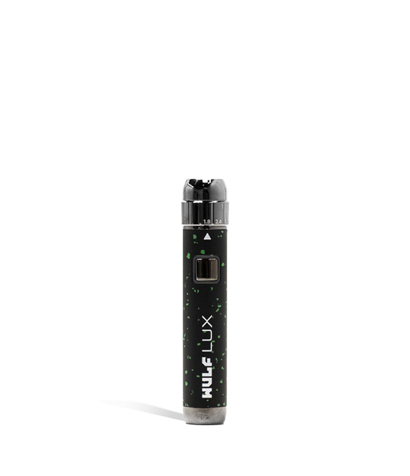Black Green Spatter Wulf Mods LUX Cartridge Vaporizer Front View on White Background