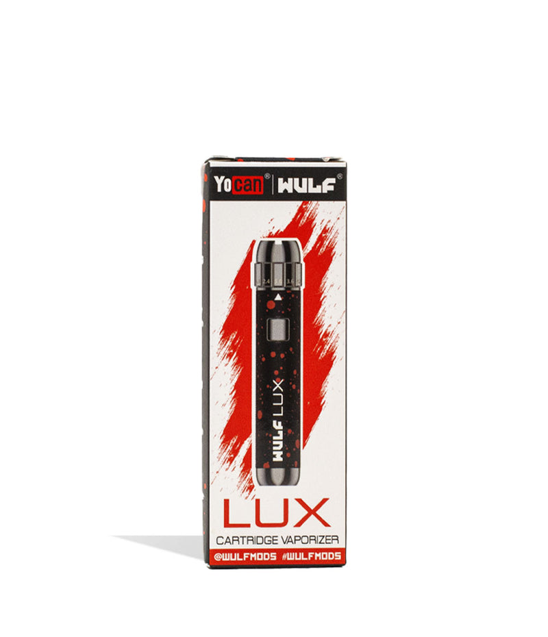 Black Red Spatter Wulf Mods LUX Cartridge Vaporizer Packaging Front View on White Background